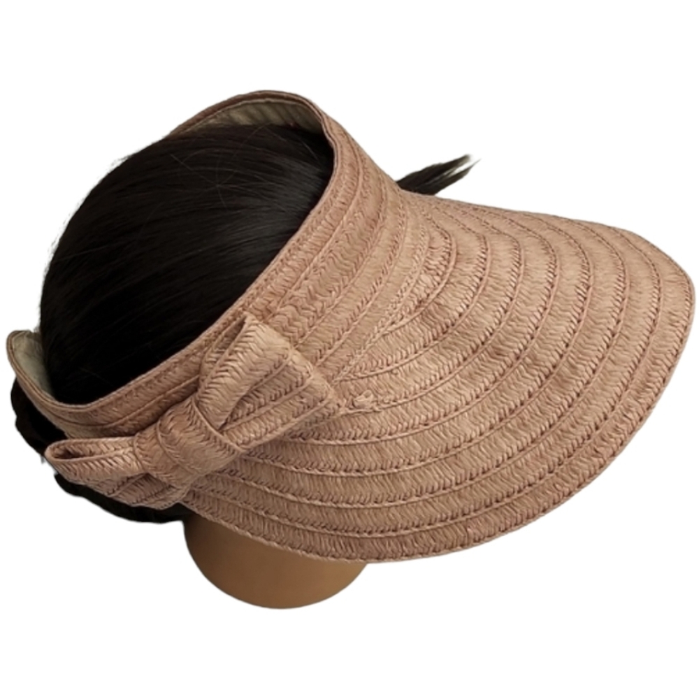 BETSEY JOHNSON Blush Mauve Paper Hat Cabow Cutie Straw Sun Visor Wide Brim - Picture 9 of 16